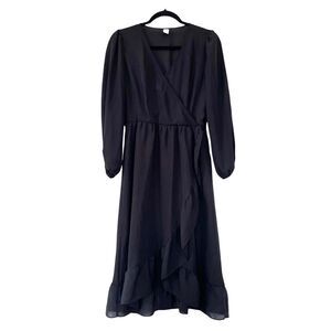 Old Navy Black Waist Defined Ruffle-Trim Faux-Wrap Georgette Midi Dress